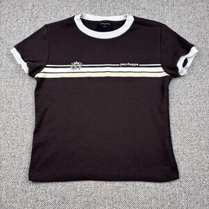 Penshoppe Women's Slim Fit Ringer Graphic T-Shirt Brown Y2K Retro Knit Top Small